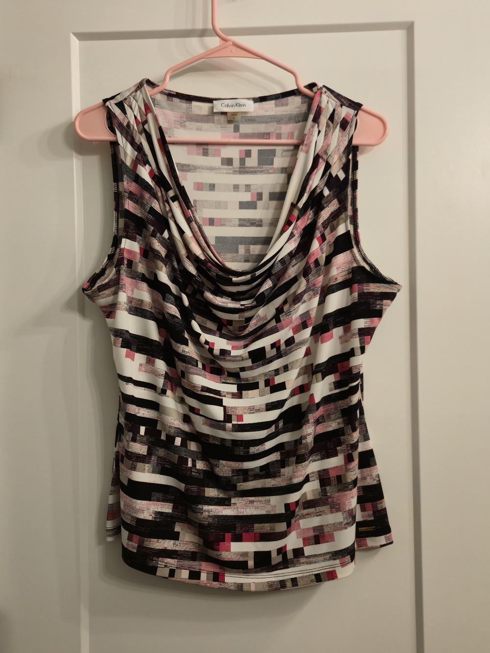 Calvin Klein Geometric Cowl Neck Sleeveless Top in Pink, Black & White XL